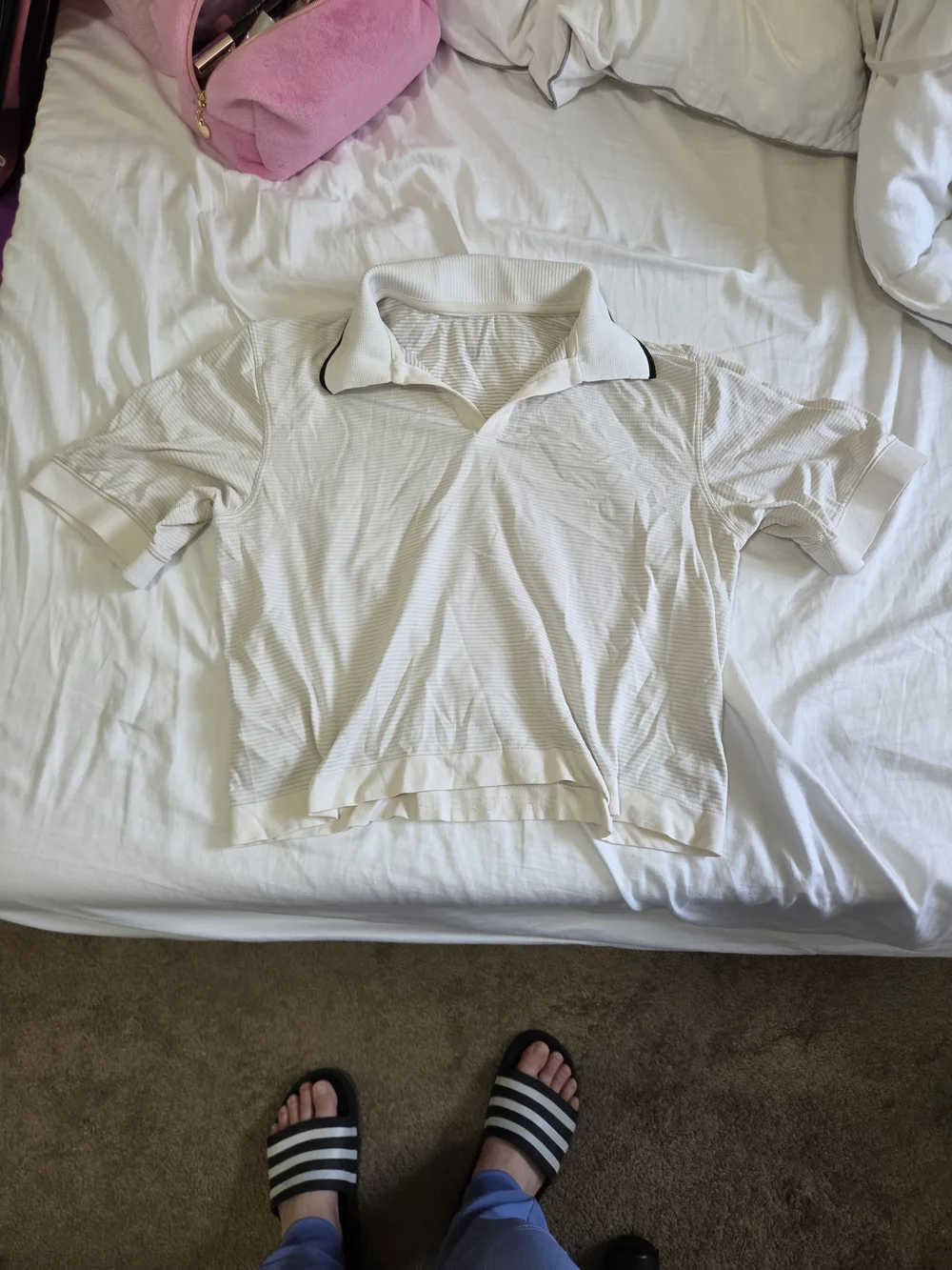 lululemon athletica White Short Sleeve Polo Tee with Subtle Stripes